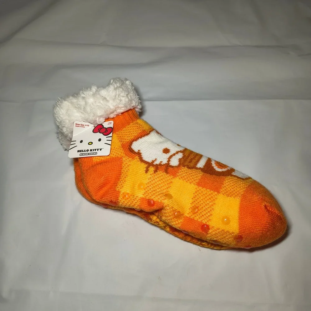 Sanrio Hello Kitty Orange Plaid Faux Fur Lined Slipper Socks Non-Slip Size 4-10